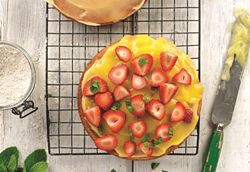 Lemon Curd used as a cake filling with fresh strawberries. Overhead shot.