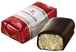 Marzipan Portions Classic Dark close up of 2 portions, one wrapped and one unwrapped and cut.