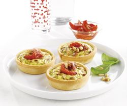 Gluten Free Tart Shells Neutral used to create quiches garnised with pine nuts, sun dried tomato and basil.