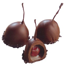 Liqueur Cherries On Stalk Dark showing open praline with cherry inside.